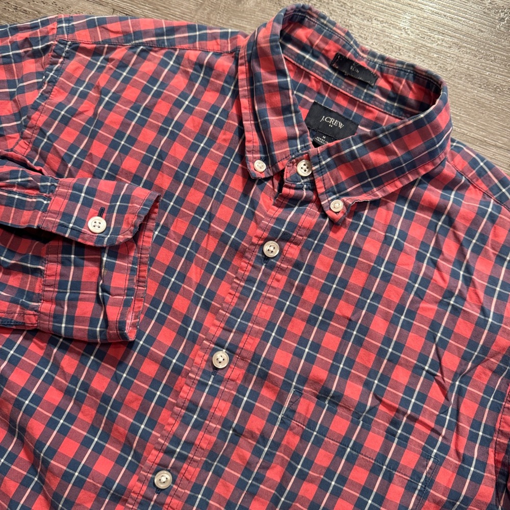 J.Crew Shirt Mens M Red Blue Plaid Cotton Slim Casual Preppy Professional Button